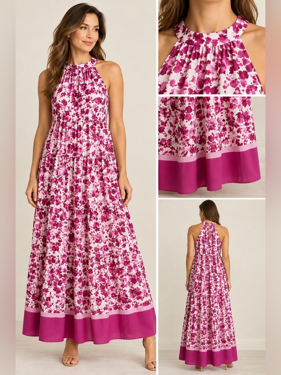Melonie Dresses & Skirts - Melonie Halter Floral Maxi Dress in Fuchsia Pink